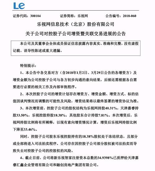 截止當日，已確定投資方及增資金額為：樂視網以債權作價投入3億元，天津嘉?，F(xiàn)金增資3億元，設計谷以債權2.40億元增資。